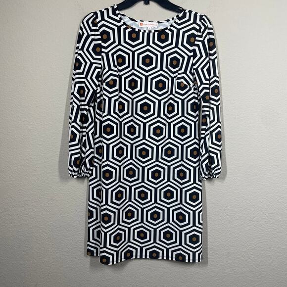 Jude Connally Small Geo Honeycomb Shift Dress Black White Crew Neck Long Sleeves - Picture 1 of 7